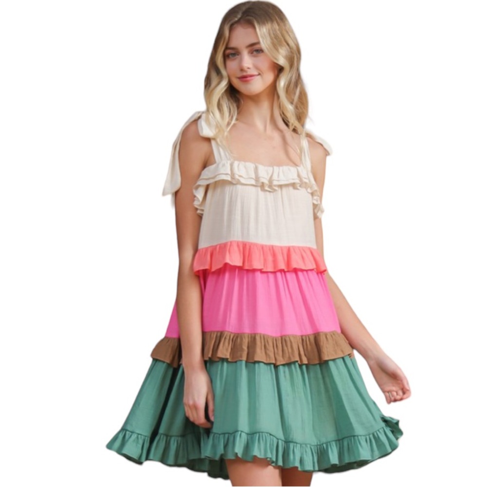 Women’s Colorblock Tiered Ruffle Shoulder Tie Dress